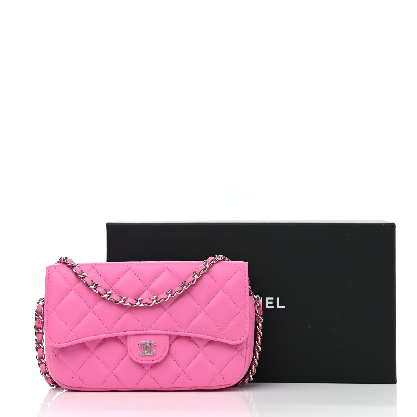Lambskin Quilted Flap Phone Holder With Chain Neon Pink
