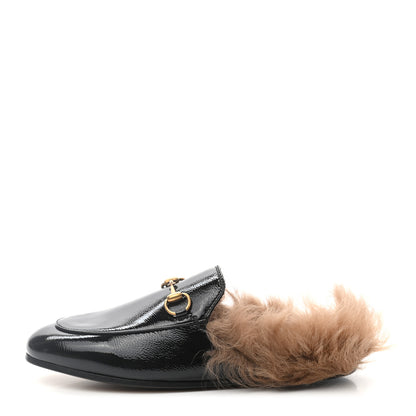 Gucci Patent Fur Womens Princetown Slippers 35 Black Natural 1 of 7