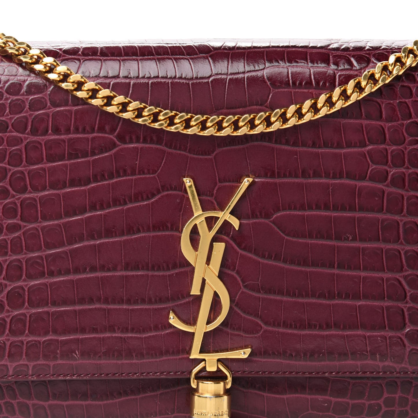 Calfskin Crocodile Embossed Medium Classic Monogram Kate Tassel Satchel Dark Red