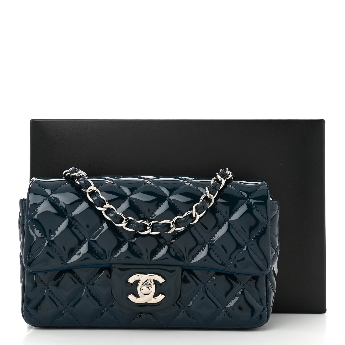 Patent Calfskin Quilted Mini Rectangular Flap Navy Blue