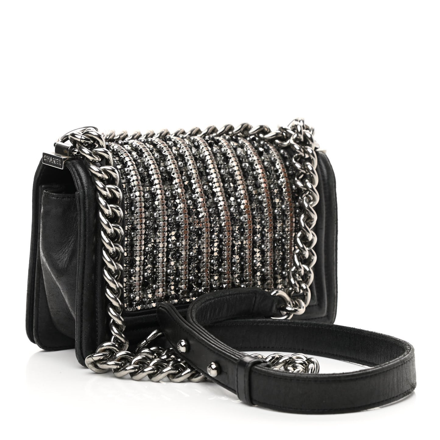 Lambskin Glass Pearl Embroidered Small Boy Flap Black