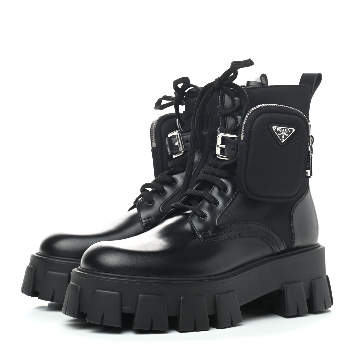 Prada Spazzolato Rois Nylon Metal Triangle Logo Monolith Pouch Pocket 55mm Boots 39 Black 3 of 7