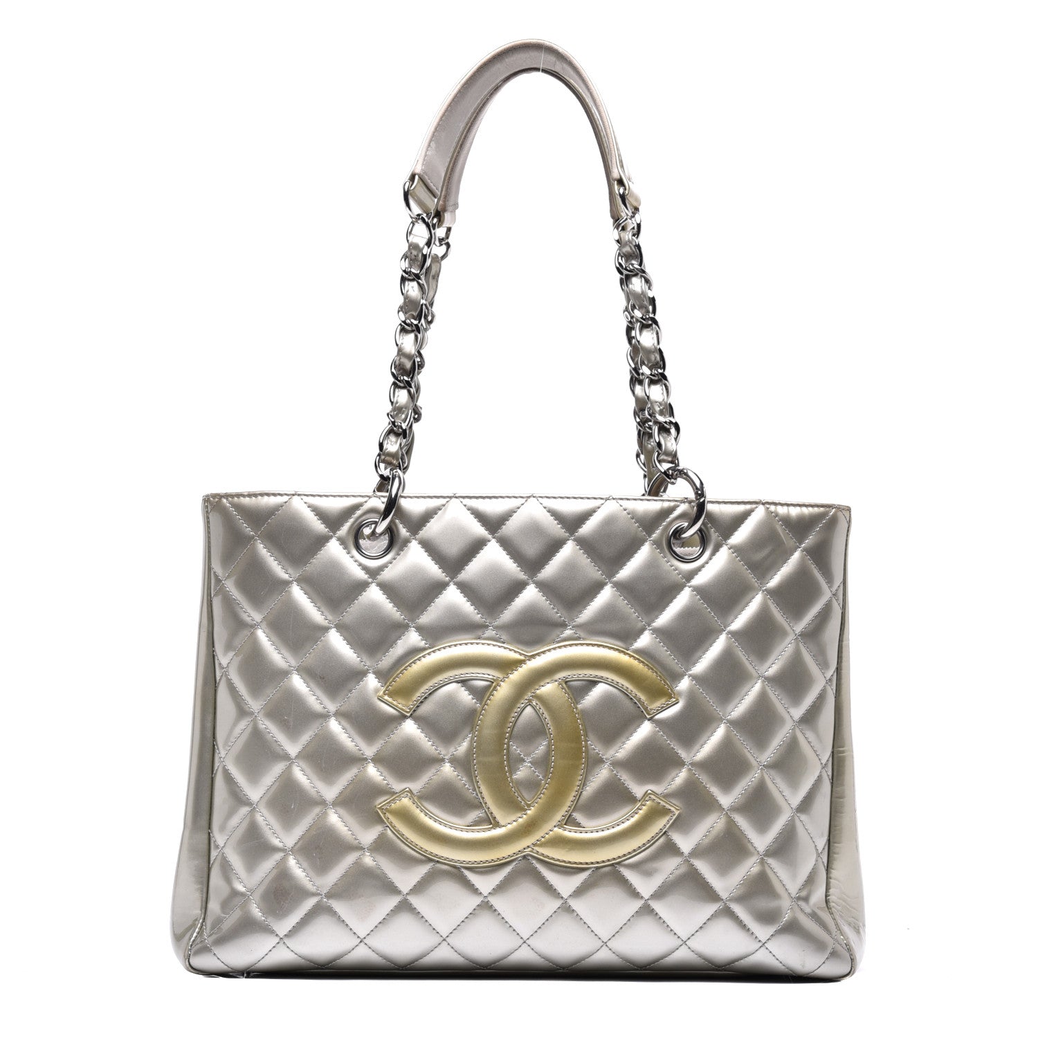 Chanel Patent Quilted Grand Shopping Tote GST Silver Gold 1 of 11