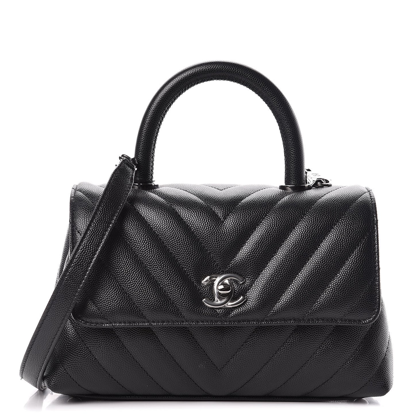 Caviar Chevron Quilted Mini Coco Handle Flap Black