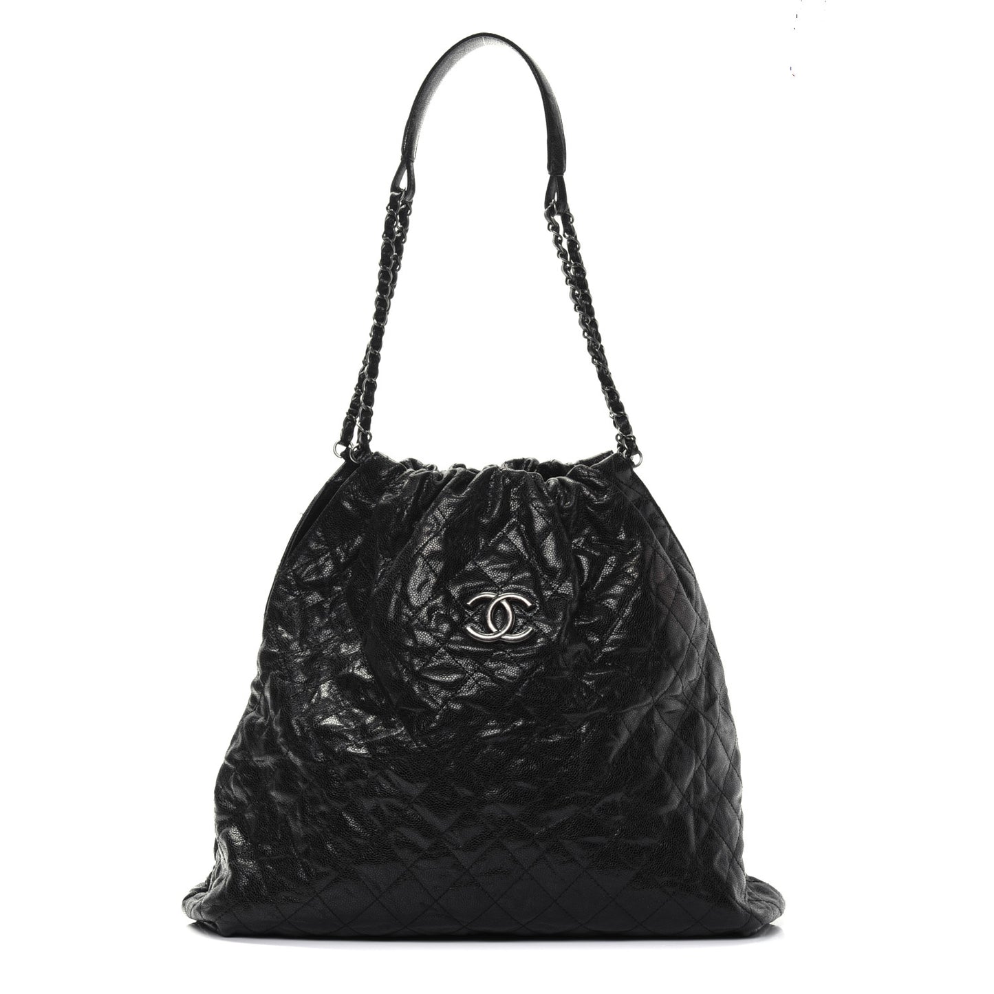 Distressed Glazed Caviar Quilted Large Elastic Tote Black