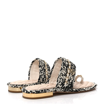 Chanel Raffia Lambskin Woven Chain CC Toe Ring Sandals 41 Black Beige 4 of 7
