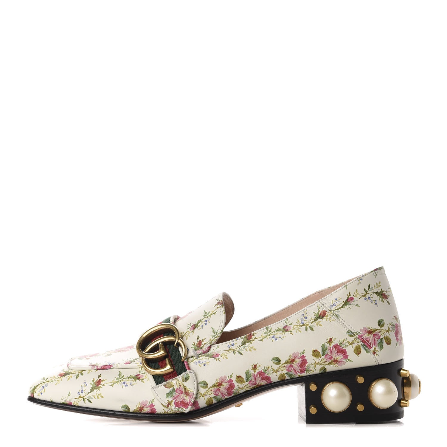 Gucci Calfskin Web Pearl Floral Embellished Peyton Loafer 37 White Multicolor 1 of 11