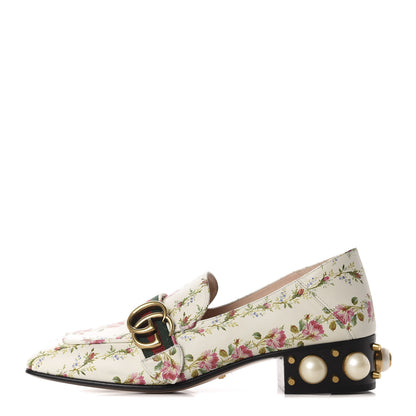 Gucci Calfskin Web Pearl Floral Embellished Peyton Loafer 37 White Multicolor 1 of 11