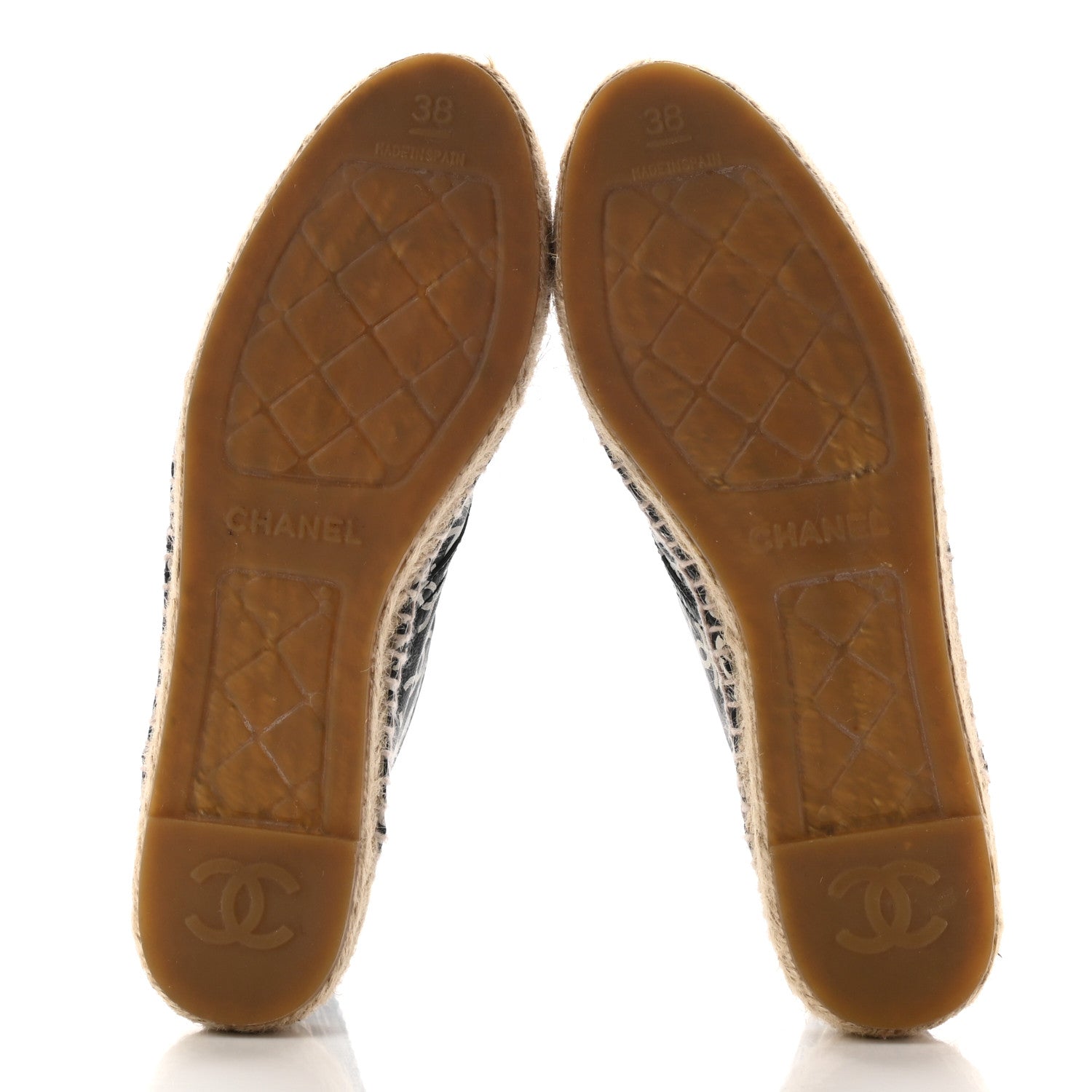 Chanel Lambskin Printed CC Lace Up Espadrilles 38 Black White