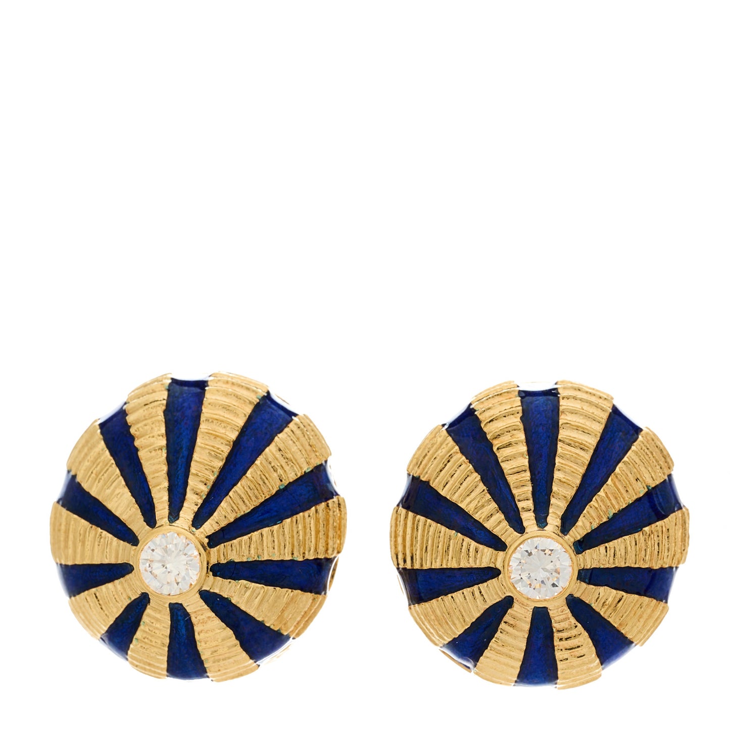 18K Yellow Gold Enamel Diamond Schlumberger Taj Mahal Clip-On Earrings Blue