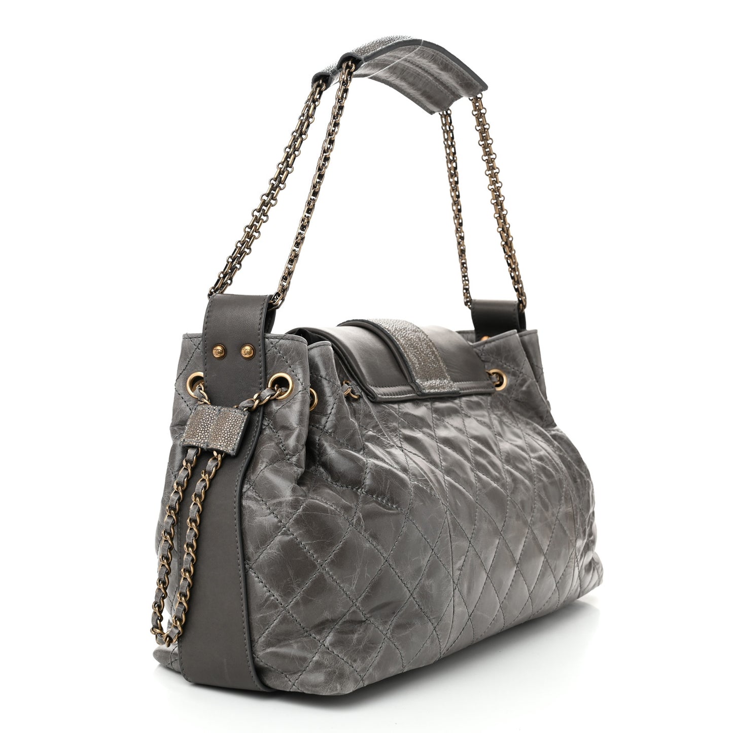 Glazed Calfskin Stingray Bindi CC Accordion Tote Grey