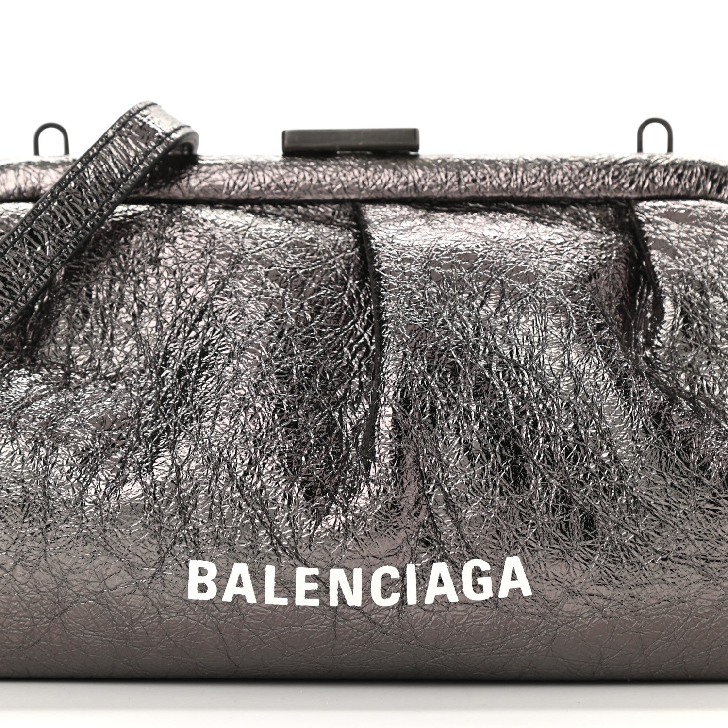 Balenciaga Metallic Textured Calfskin Logo Cloud Clutch XS Black 8 of 10