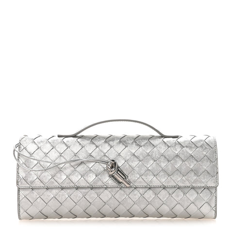 Metallic Lambskin Intrecciato Long Andiamo Top Handle Clutch Silver