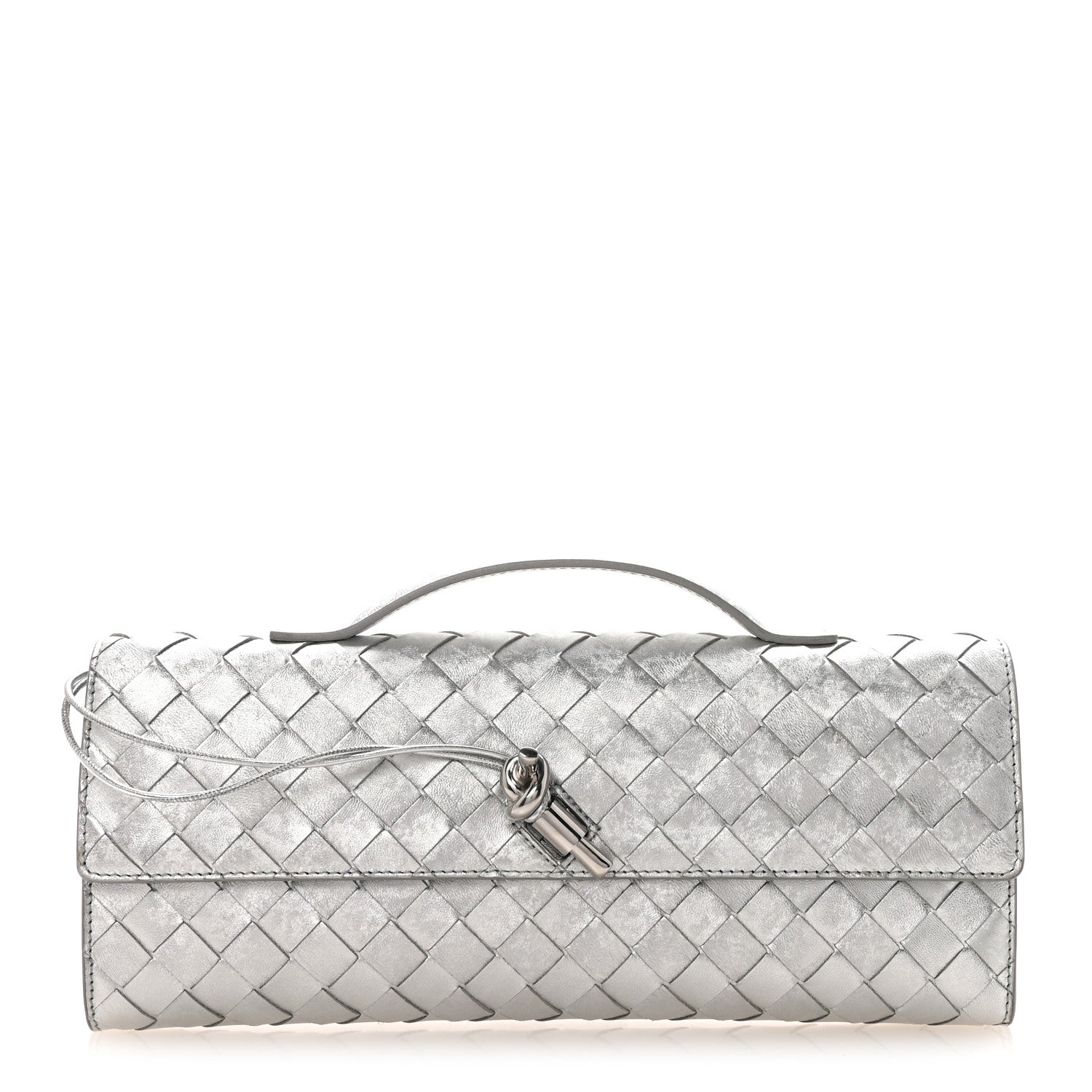 Bottega Veneta Metallic Lambskin Intrecciato Long Andiamo Top Handle Clutch Silver 1 of 6