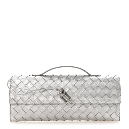 Bottega Veneta Metallic Lambskin Intrecciato Long Andiamo Top Handle Clutch Silver 1 of 6