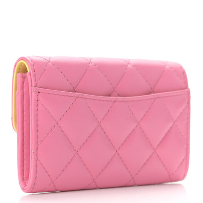 Chanel Lambskin Quilted Flap Card Holder Wallet Pink Yellow 3 of 8