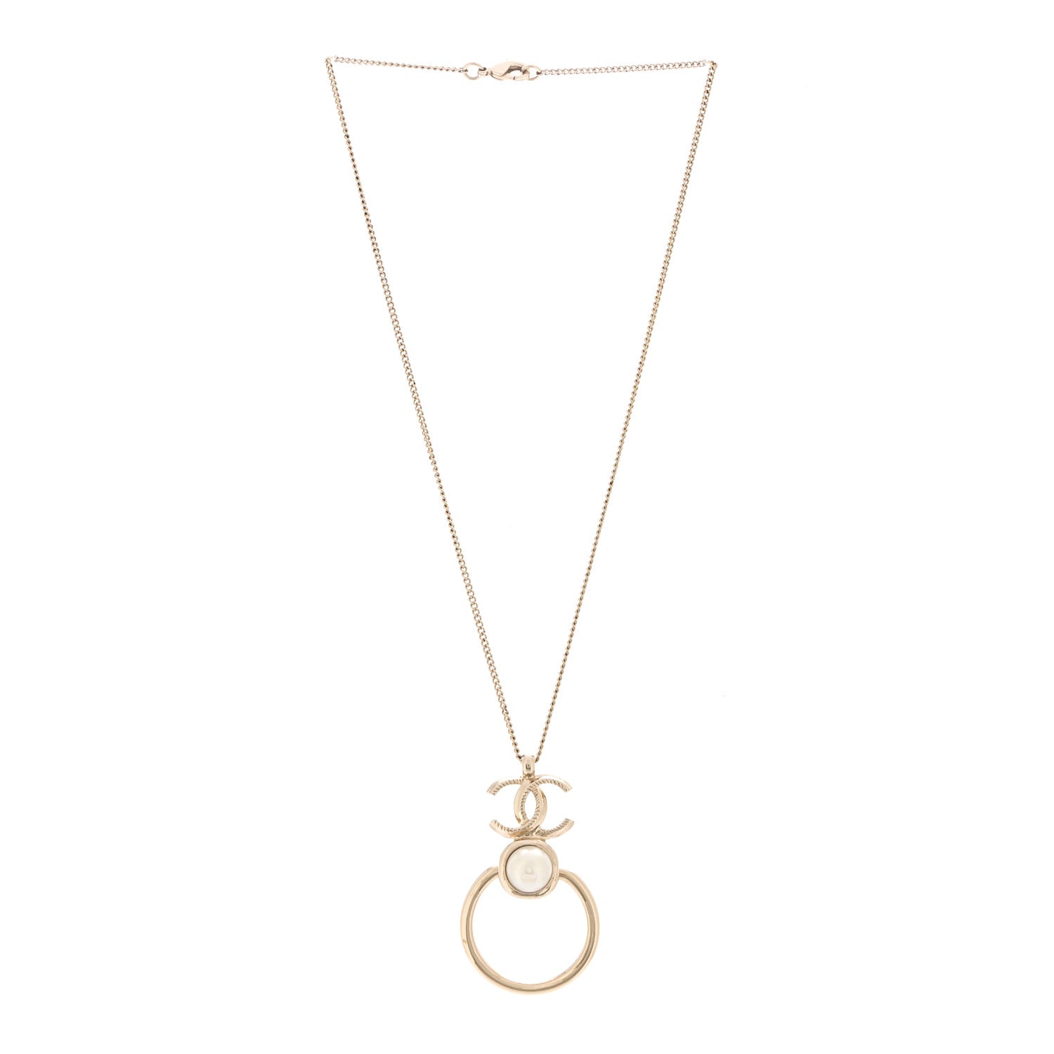 Chanel Metal Pearl CC Hoop Drop Pendant Necklace Gold 3 of 7