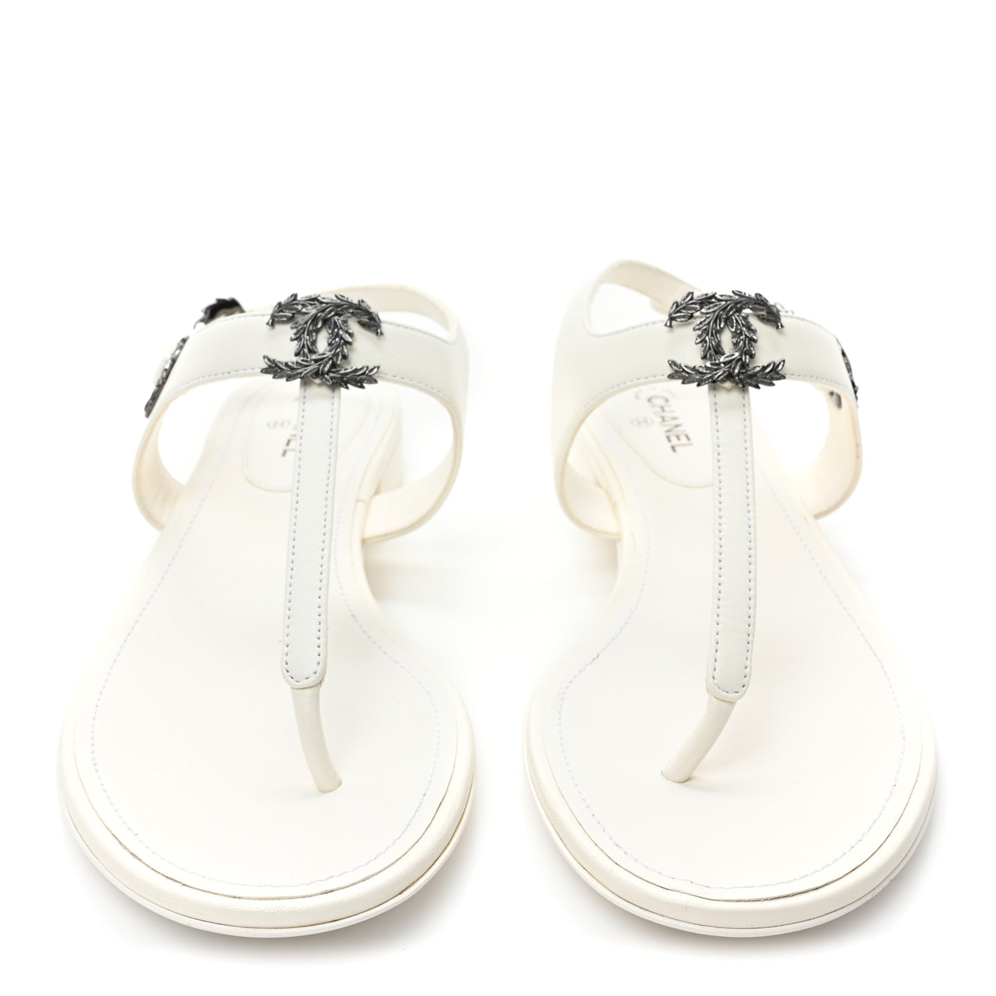 Lambskin CC Leaf Thong Sandals 39.5 White