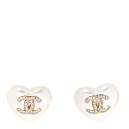 Chanel Pearl Crystal CC Heart Earrings Gold 1 of 5