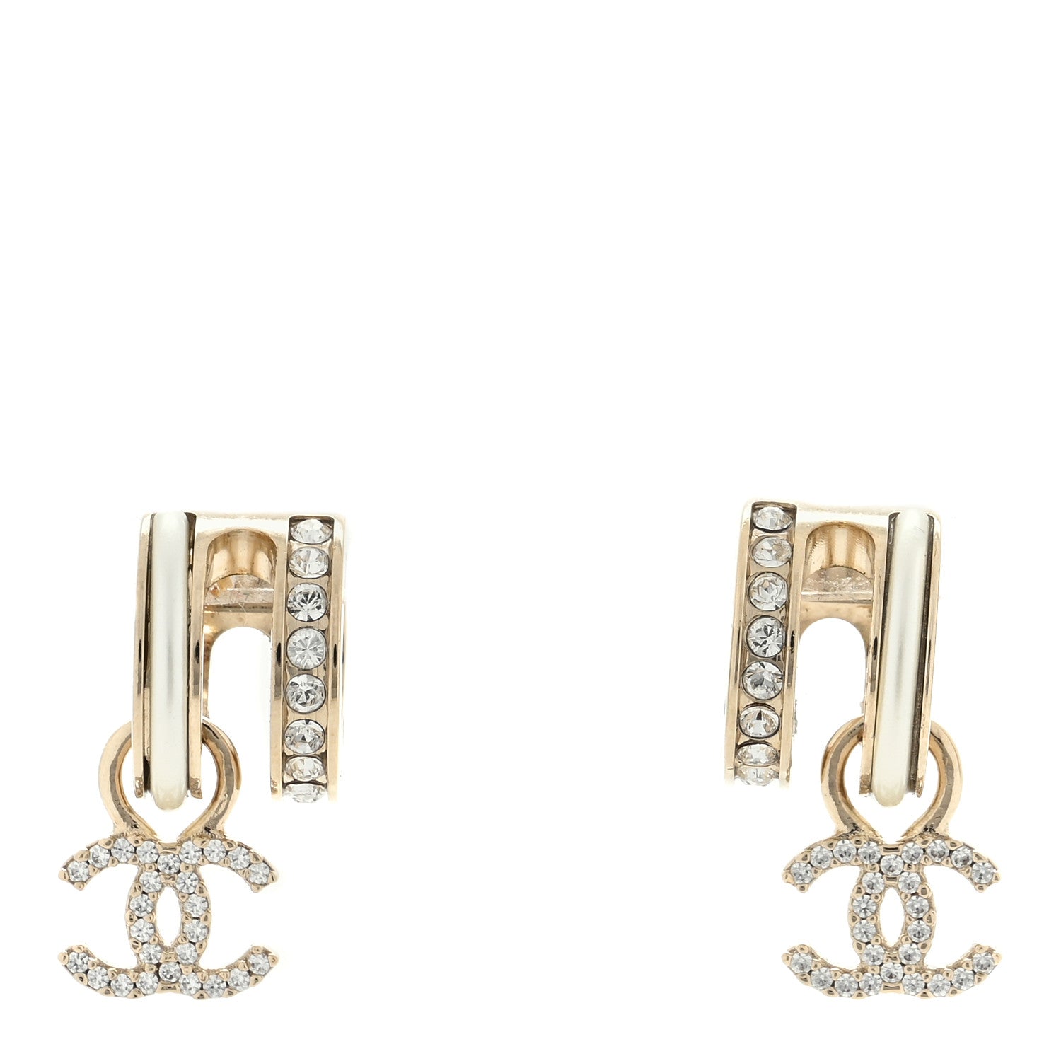Chanel Crystal CC Hoop Drop Earrings Gold Pearly White 1 of 4