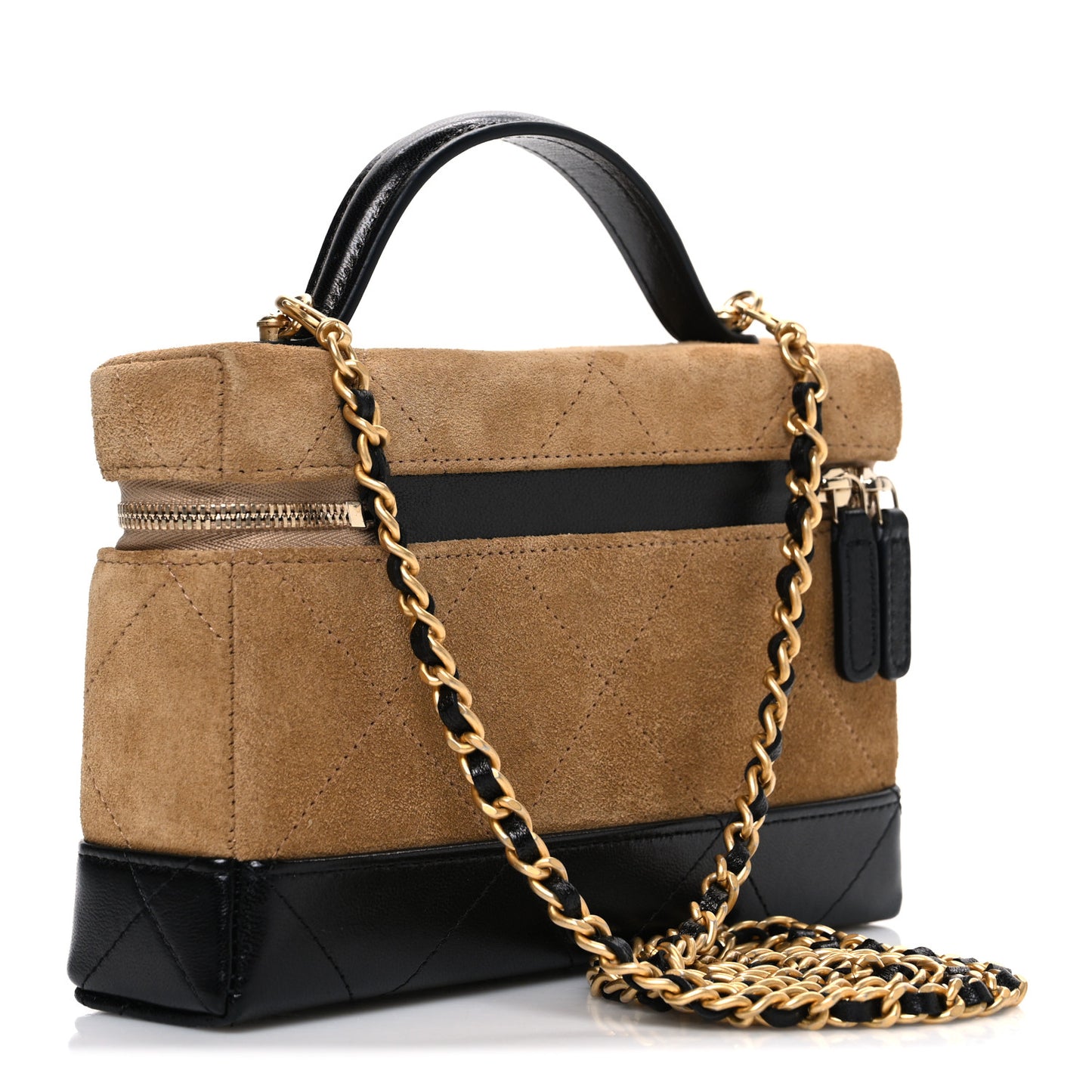 Suede Calfskin Shiny Lambskin Stitched Top Handle Slim Vanity Case With Chain Beige Black