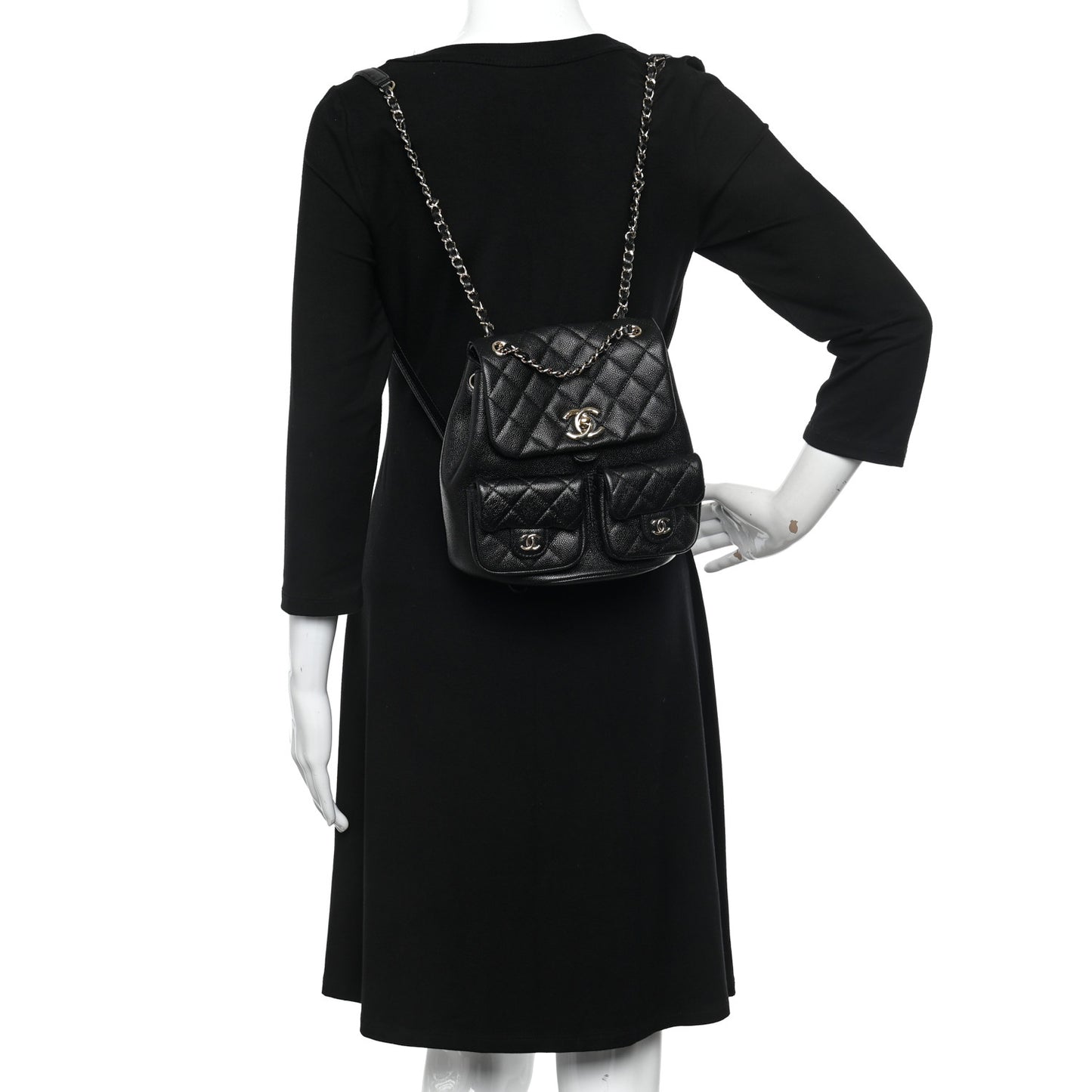 Shiny Caviar Quilted Medium Duma Pockets Drawstring Backpack Black