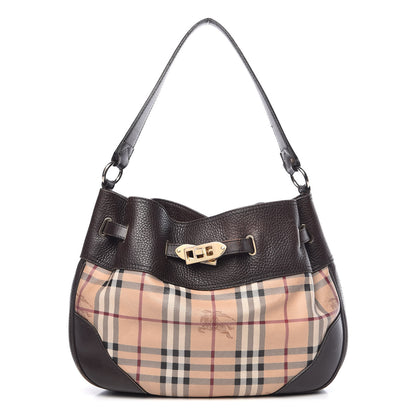 Burberry Grained Calfskin Haymarket Check Hobo Dark Brown 1 of 19