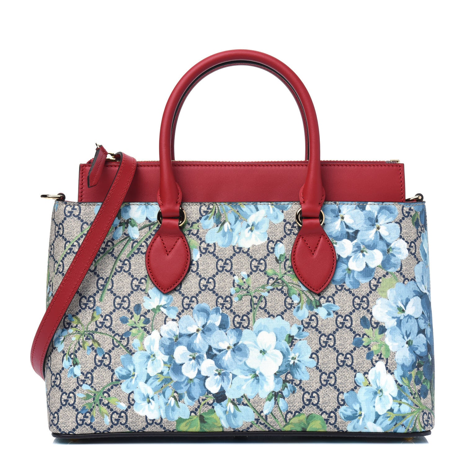 Gucci GG Supreme Monogram Blooms Medium Zip Top Tote Beige Blue Navy Hibiscus Red 1 of 5