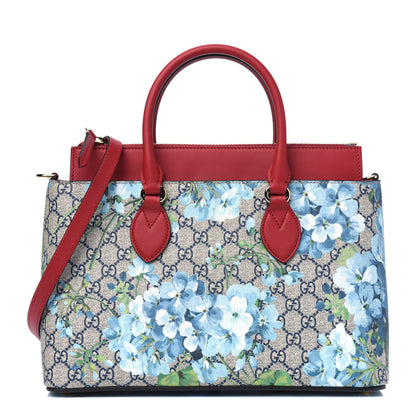 Gucci GG Supreme Monogram Blooms Medium Zip Top Tote Beige Blue Navy Hibiscus Red 1 of 5