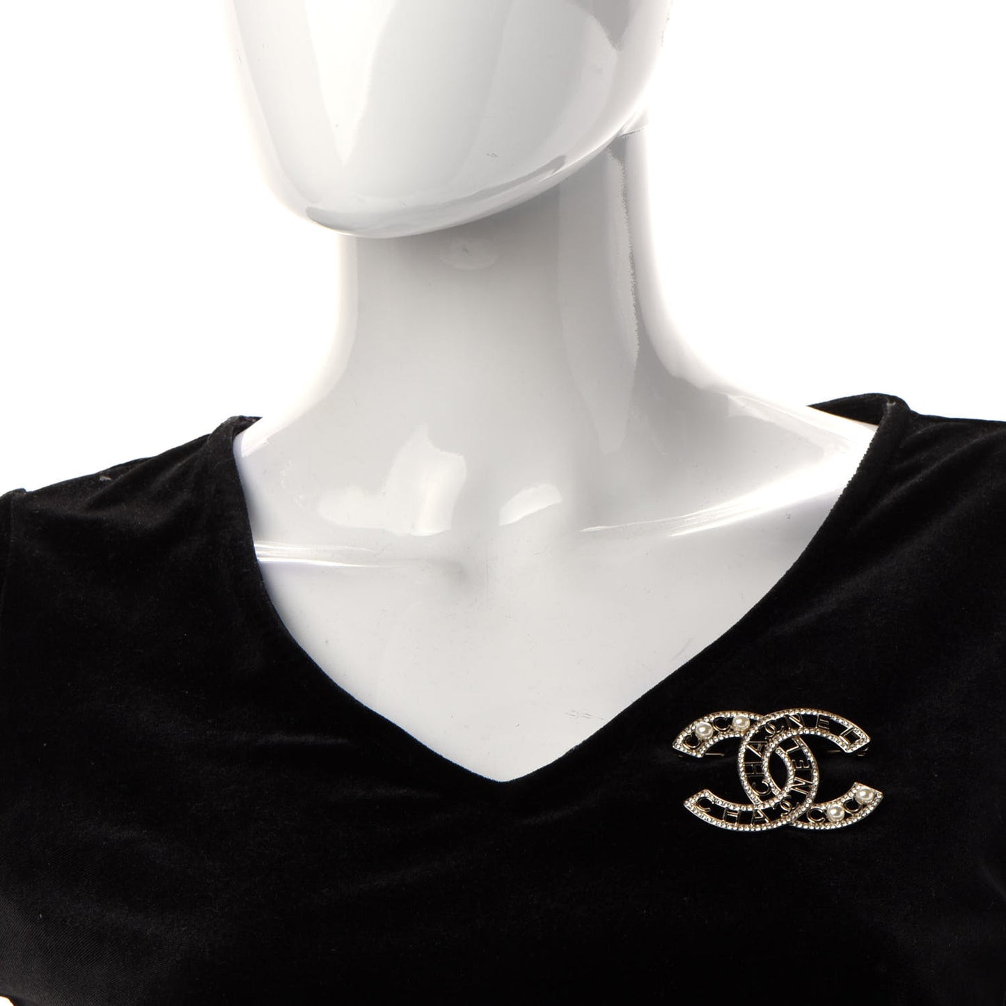 Crystal Pearl Coco CC Logo Brooch Gold