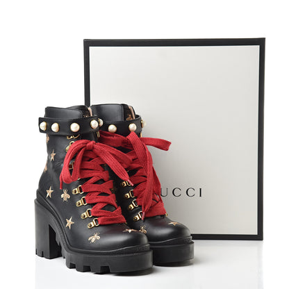 Gucci Calfskin Embroidered Lace Up Combat Ankle Boots 39 Black 11 of 11