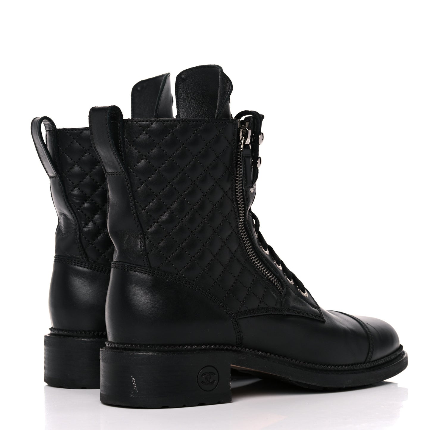 Calfskin Quilted Lace Up Combat Boots 40 Black