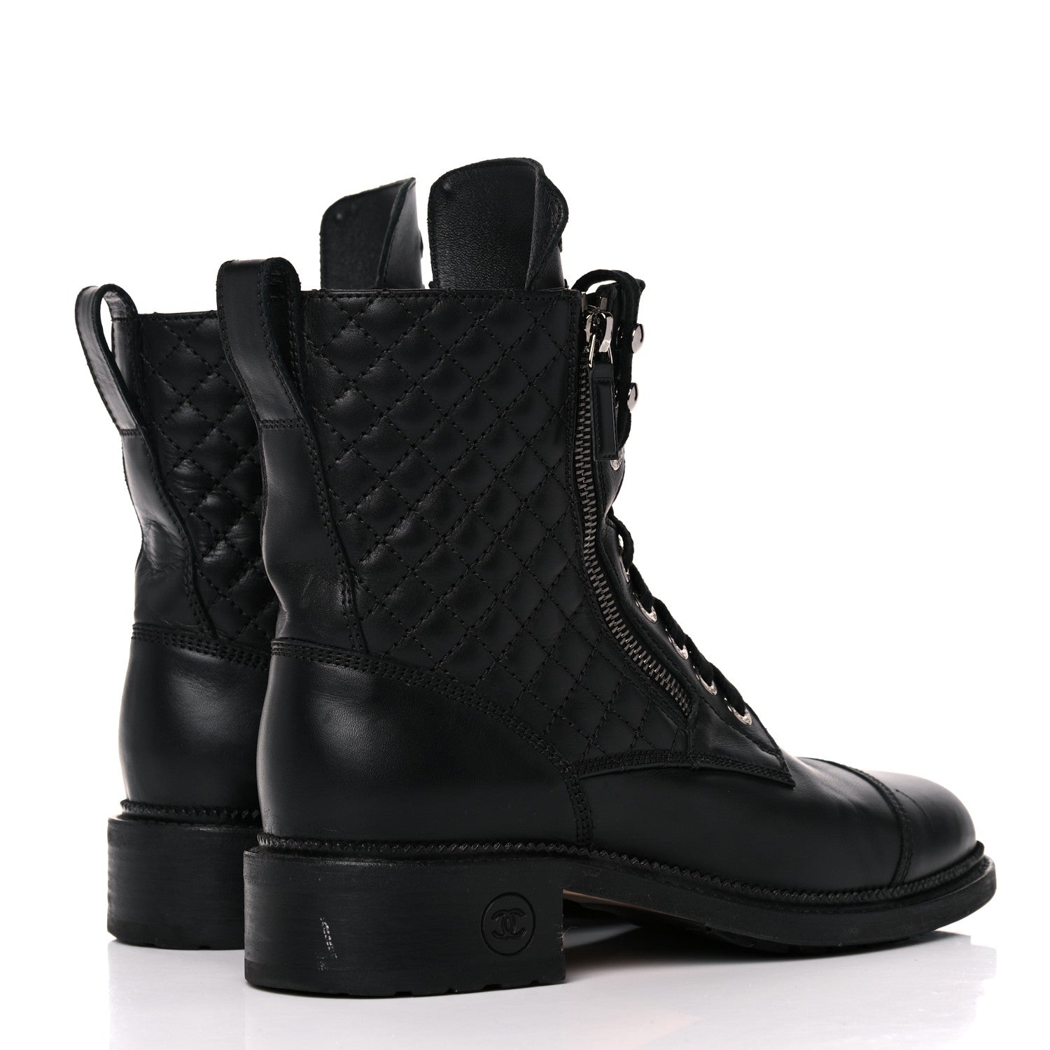 Chanel Calfskin Quilted Lace Up Combat Boots 40 Black 4 of 8