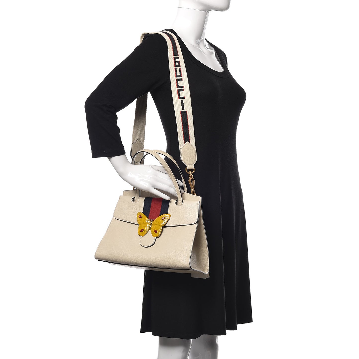 Grained Calfskin Web Stripe Butterfly Medium Totem Top Handle Bag White