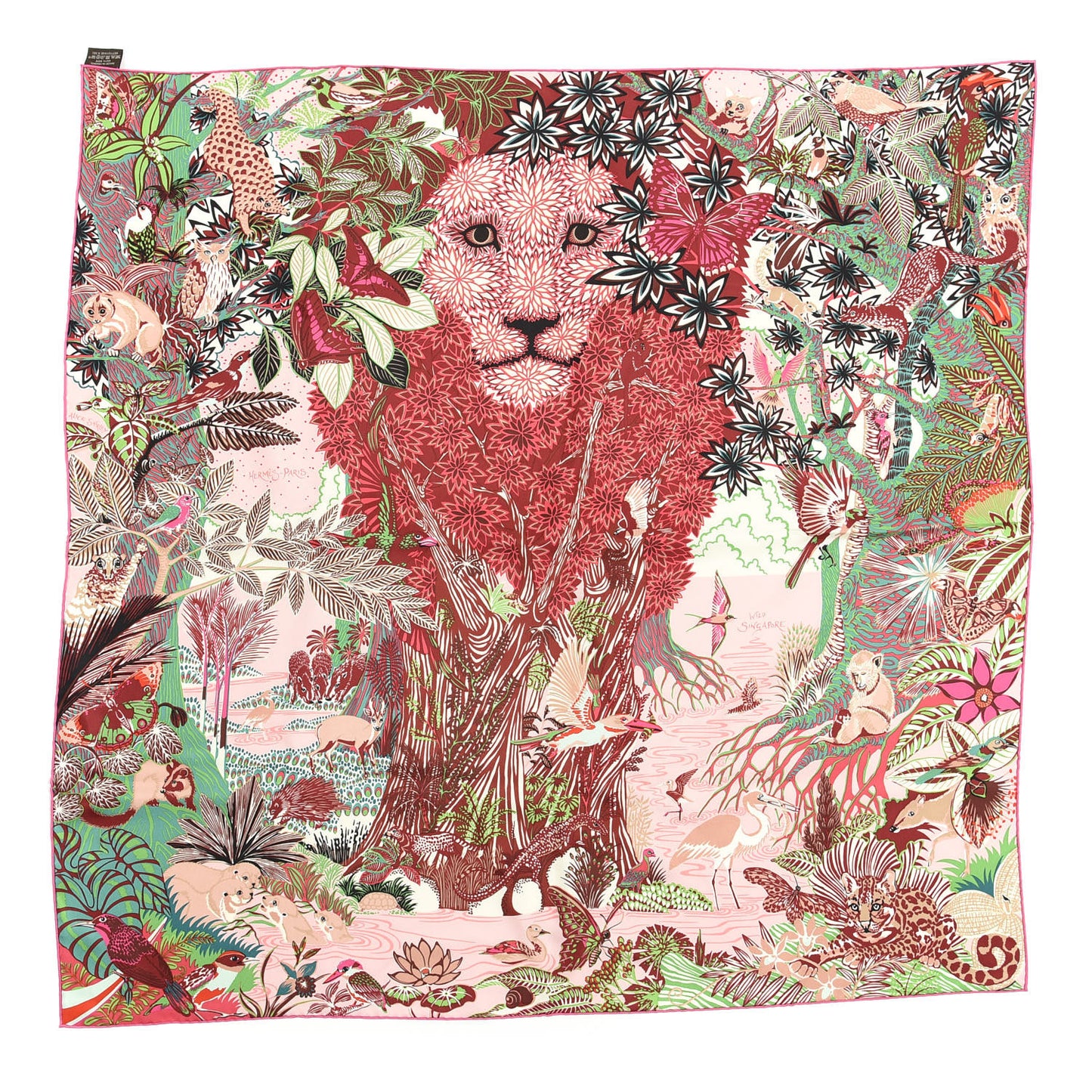 Silk Wild Singapore Scarf 90 Rose Vert Bordeaux