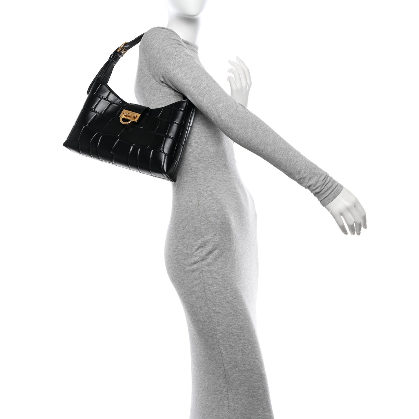 Calfskin Crocodile Embossed Trifolio Shoulder Bag Black