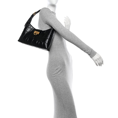 Salvatore Ferragamo Calfskin Crocodile Embossed Trifolio Shoulder Bag Black 2 of 10