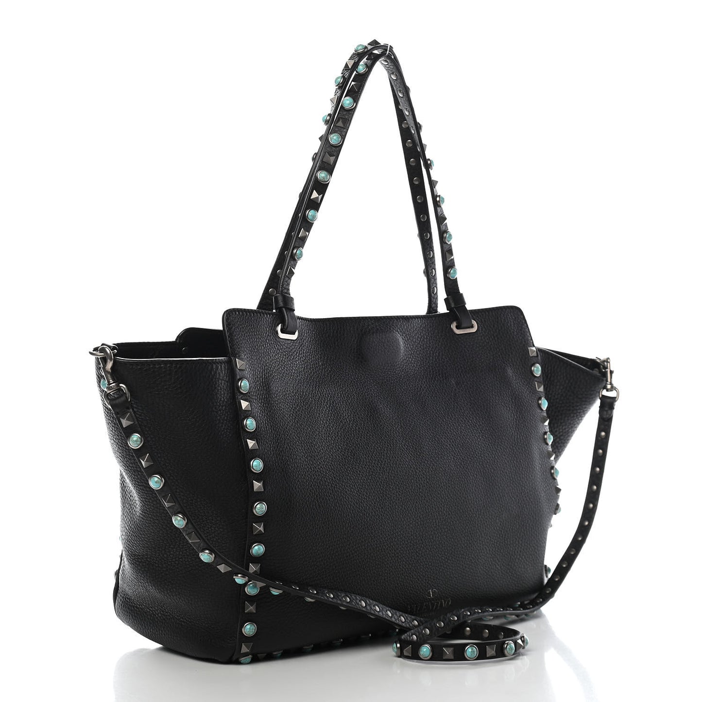Grained Calfskin Turquoise Medium Rockstud Rolling Tote Black