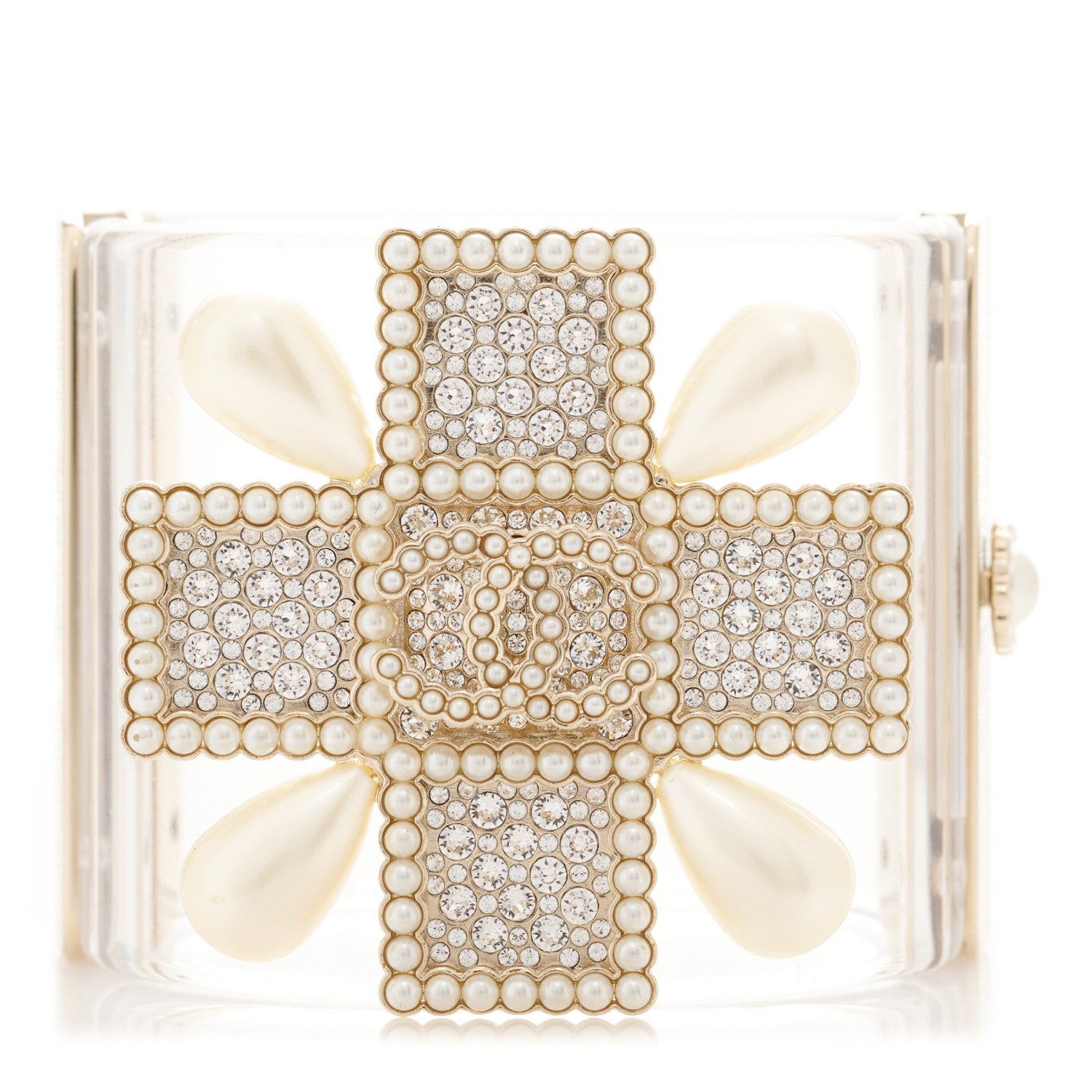 Chanel Resin Pearl Crystal Gripoix CC Cuff Transparent Gold 1 of 5