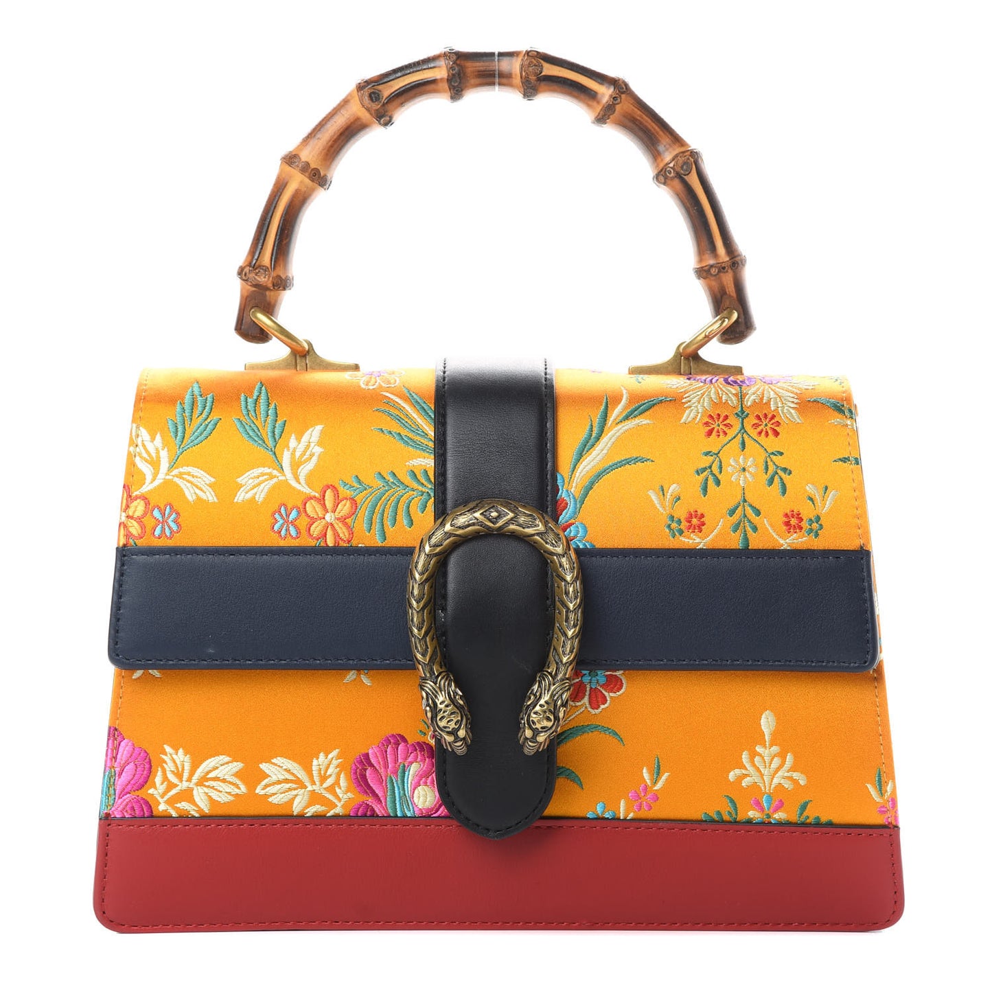 Satin Calfskin Bamboo Web Tokyo Print Medium Dionysus Top Handle Bag Giallo Multicolor Blue Agata Hibiscus Red