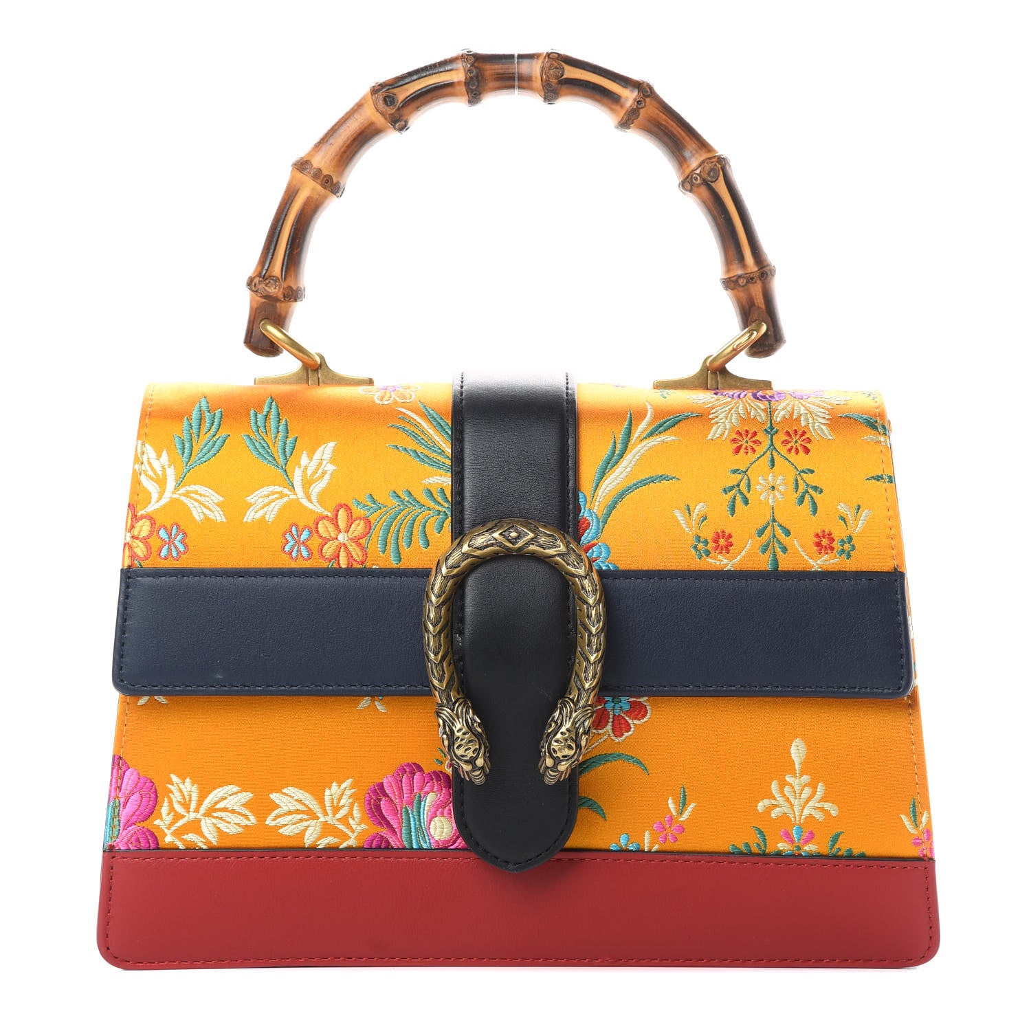 Gucci Satin Calfskin Bamboo Web Tokyo Print Medium Dionysus Top Handle Bag Giallo Multicolor Blue Agata Hibiscus Red 1 of 15