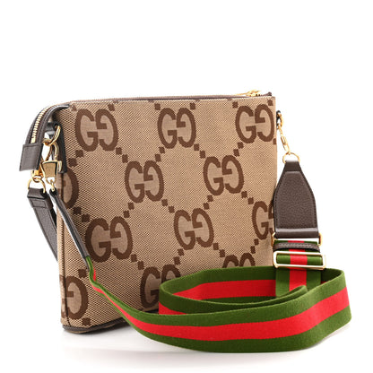 Gucci Monogram Jumbo GG Textured Dollar Calfskin Web Wristlet Messenger Bag Camel Ebony New Acero 3 of 10