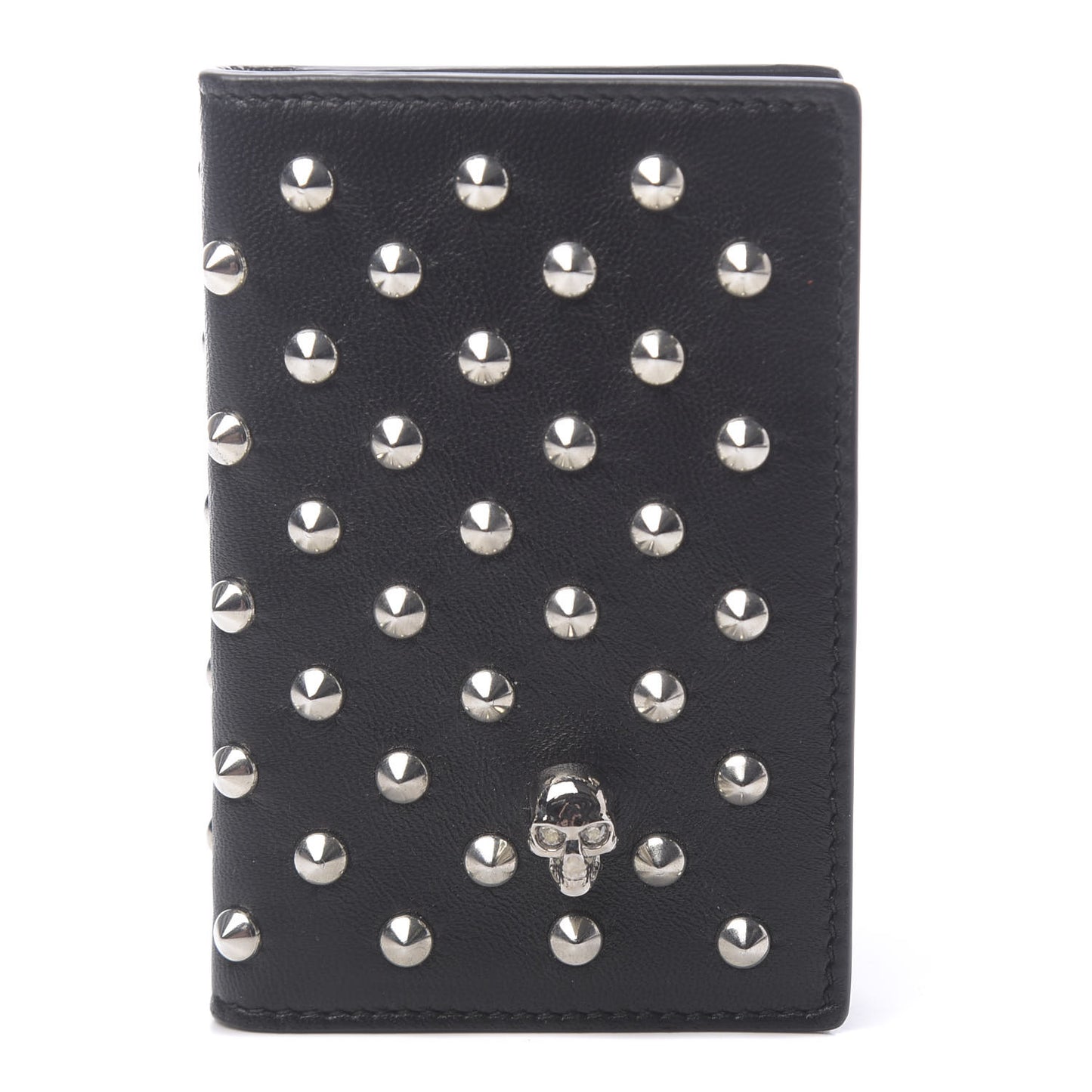 Calfskin Studded Skull Card Holder Black