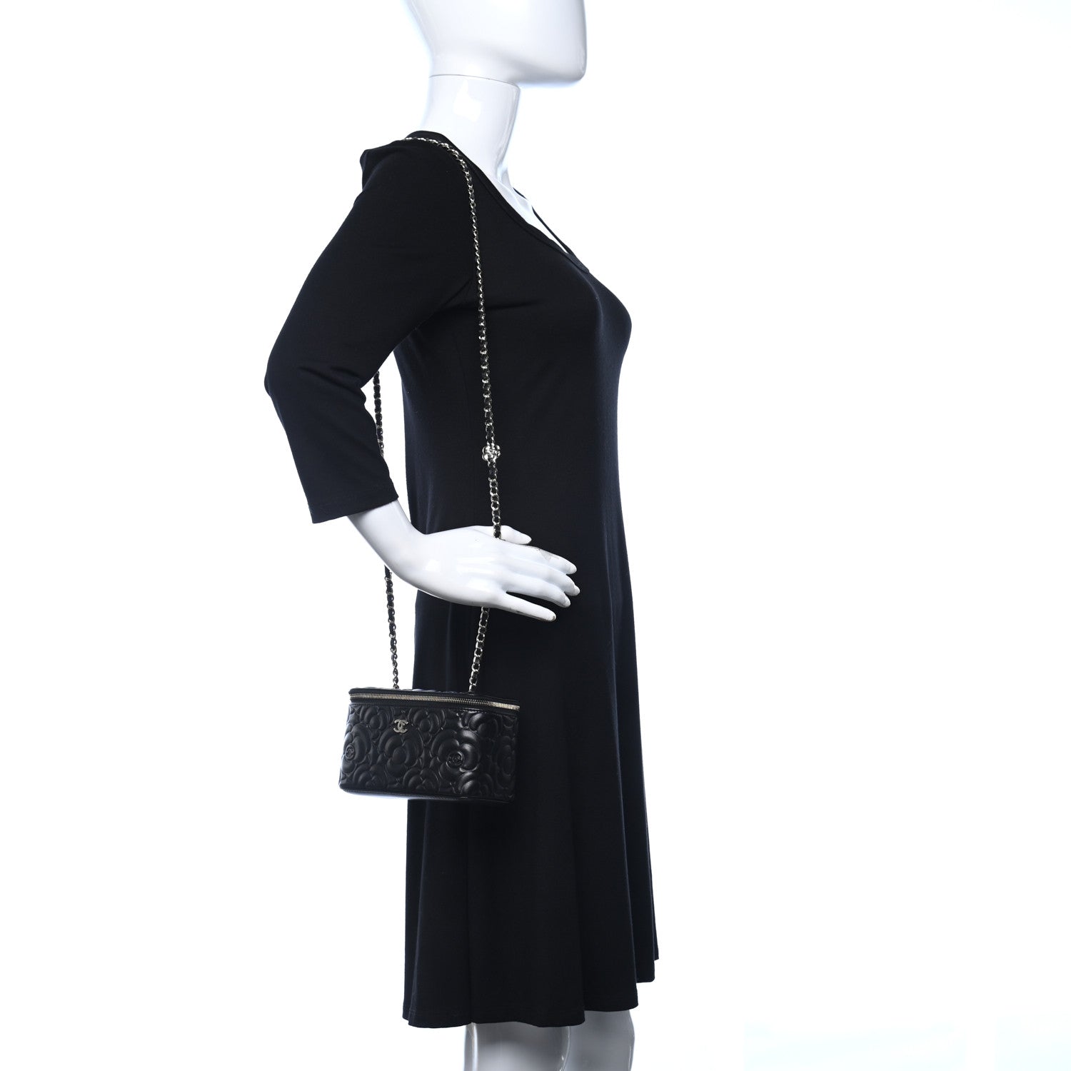 Chanel Lambskin Camellia Embossed Small Vanity Case With Chain Black 2 of 9