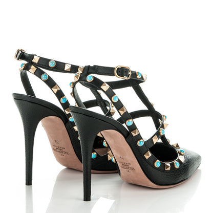 Valentino Garavani Pebbled Calfskin Turquoise Rockstud Rolling Ankle Strap 100mm Pumps 39 Black 4 of 7