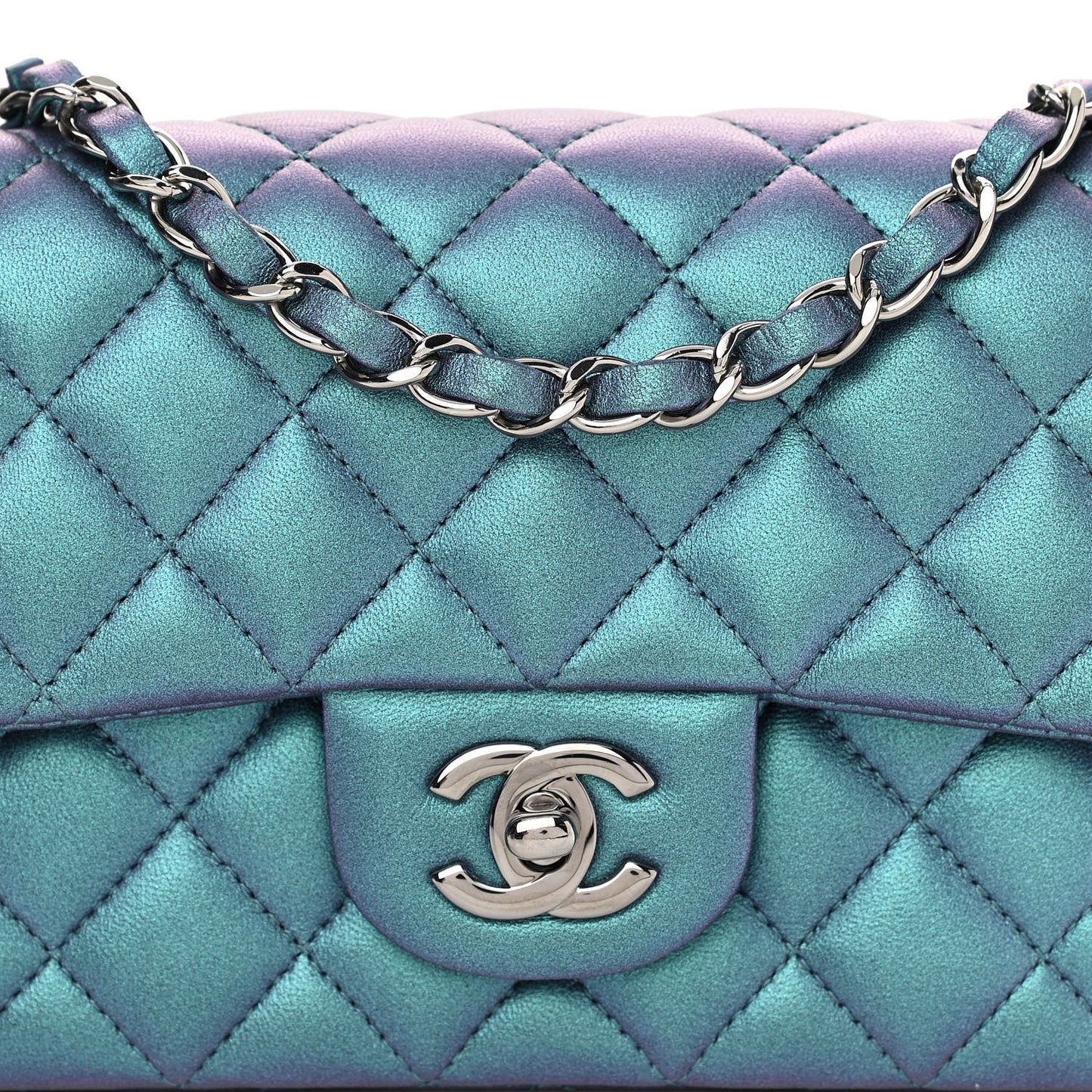 Iridescent Lambskin Quilted Mini Rectangular Flap Turquoise