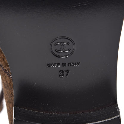 Chanel Calfskin Pony Hair CC Charm Chain Cap Toe Short Boots 37 Brown Black 6 of 8