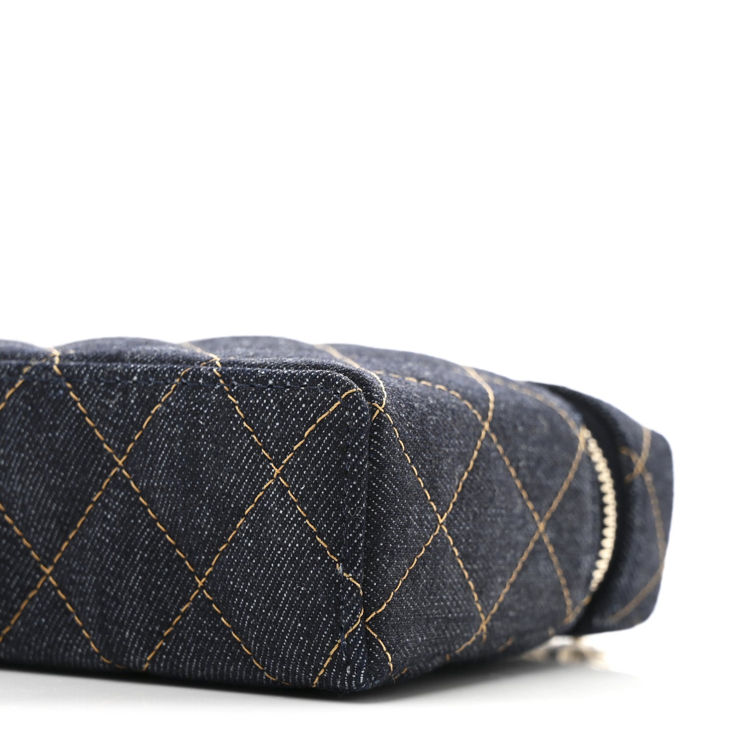 Denim Quilted Top Handle Slim Vanity Case With Chain Dark Blue Orange