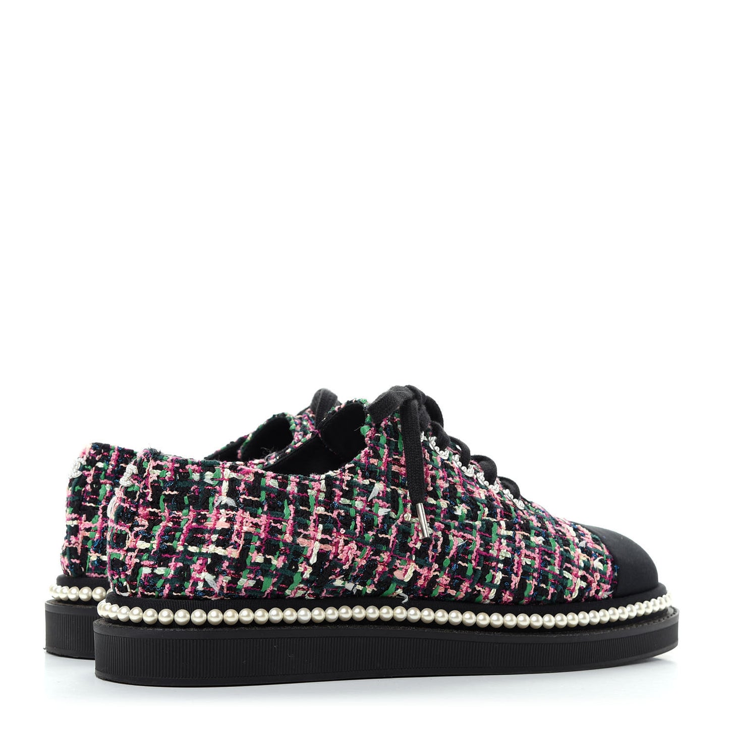 Metallic Tweed Grosgrain Pearl Lace Up Sneakers 39 Black Multicolor