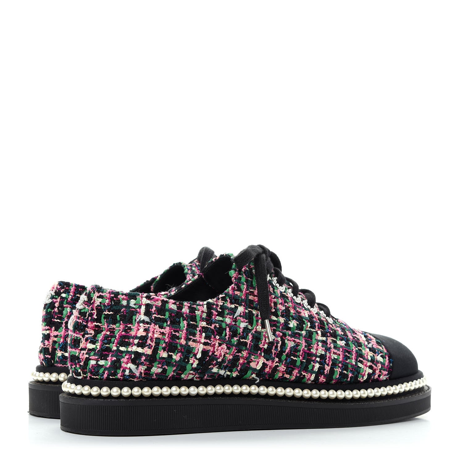 Chanel Metallic Tweed Grosgrain Pearl Lace Up Sneakers 39 Black Multicolor 4 of 10